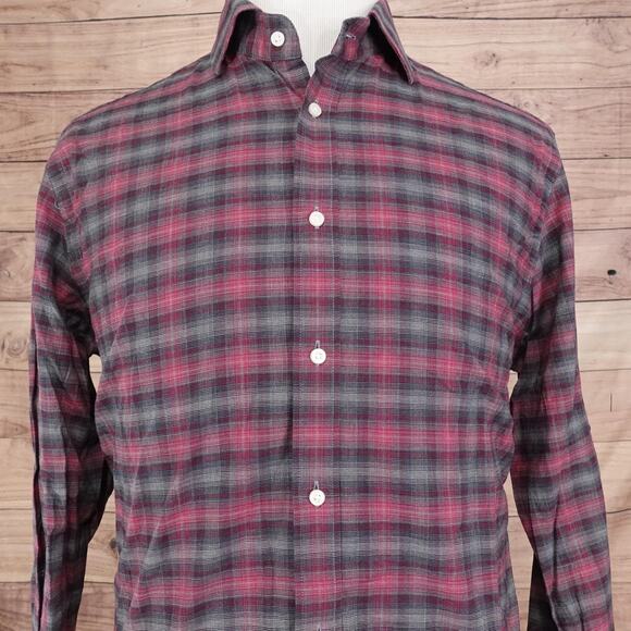 Thomas Dean Shirt Mens Large Red Gray Plaid Button Up Stretch Cotton Casual - Picture 1 of 7